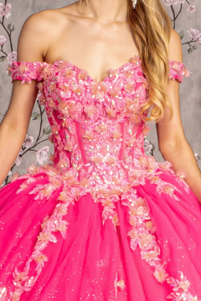 3-D Flower Jewel Sheer Corset Bodice Mesh Ball Gown