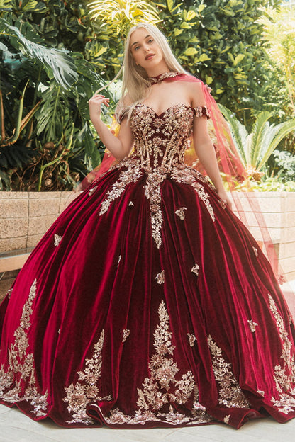 Metallic Embroidery Jewel Velvet Ball Gown w/ Long Mesh Cape