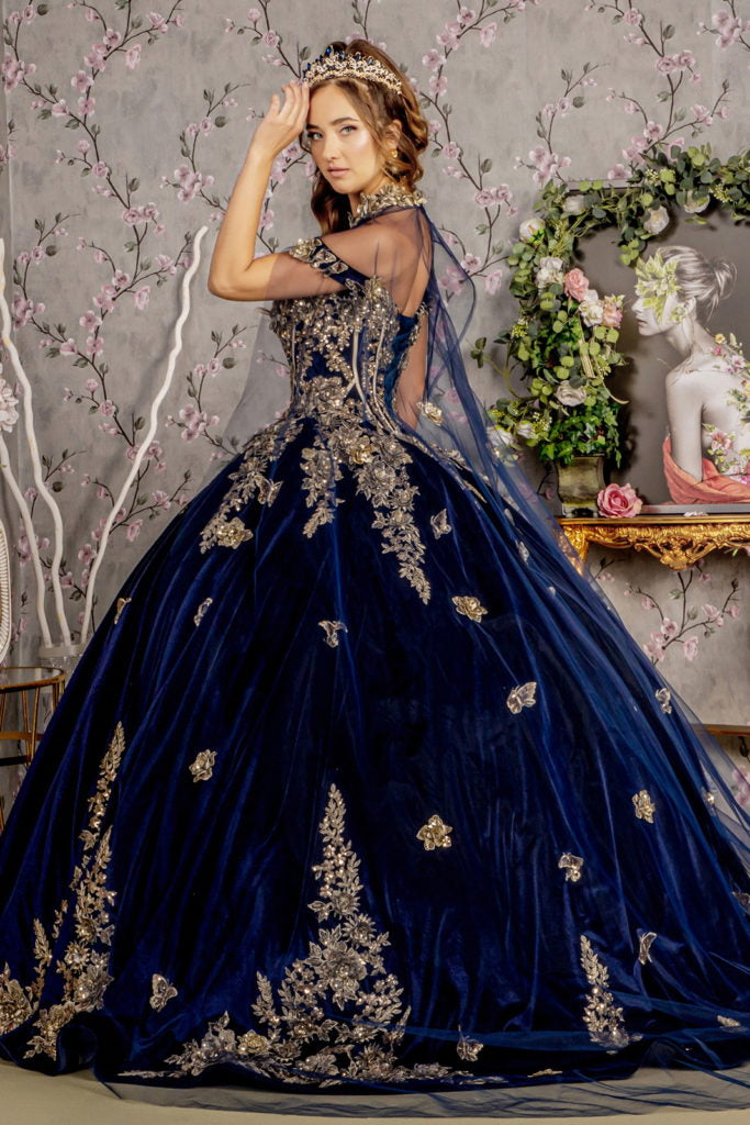 Metallic Embroidery Jewel Velvet Ball Gown w/ Long Mesh Cape