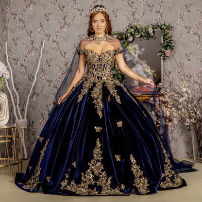 Metallic Embroidery Jewel Velvet Ball Gown w/ Long Mesh Cape