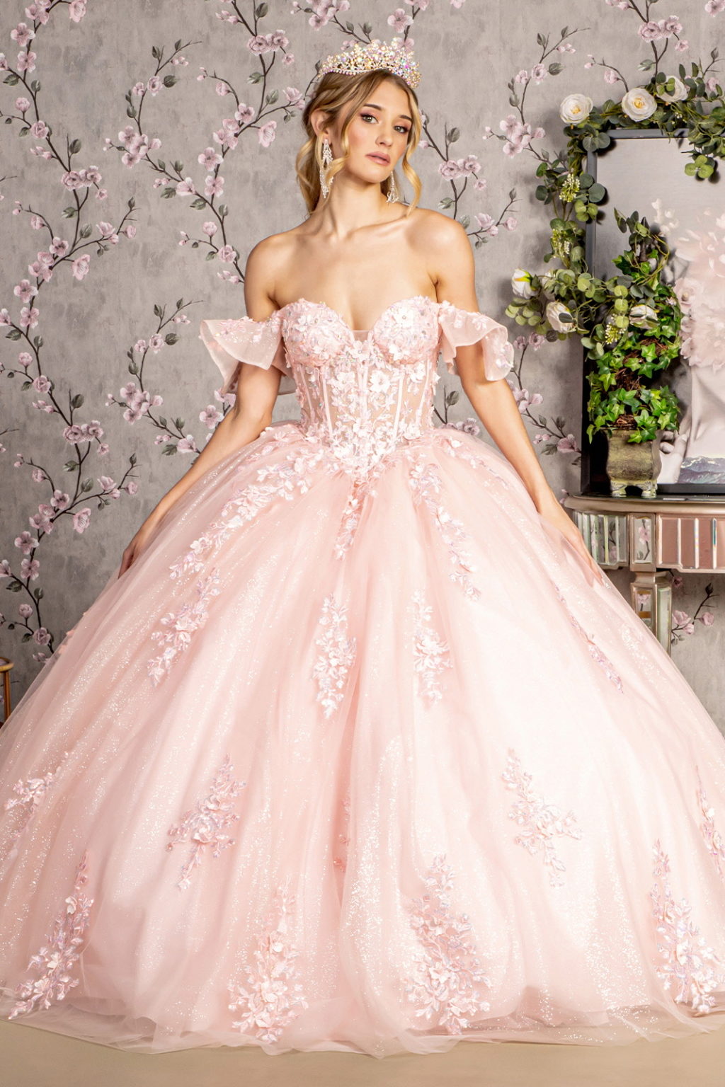 3-D Flower Illusion Sweetheart Sheer Bodice Mesh Ball Gown