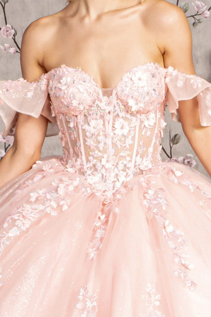 3-D Flower Illusion Sweetheart Sheer Bodice Mesh Ball Gown