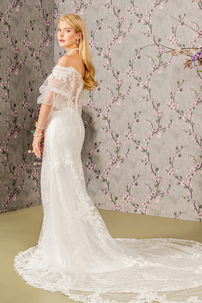 Floral Embroidery Bead Sheer Sleeves Mesh Mermaid Wedding Gown