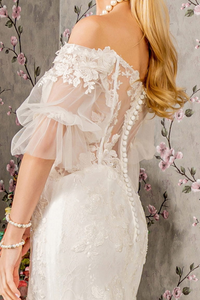 Floral Embroidery Bead Sheer Sleeves Mesh Mermaid Wedding Gown