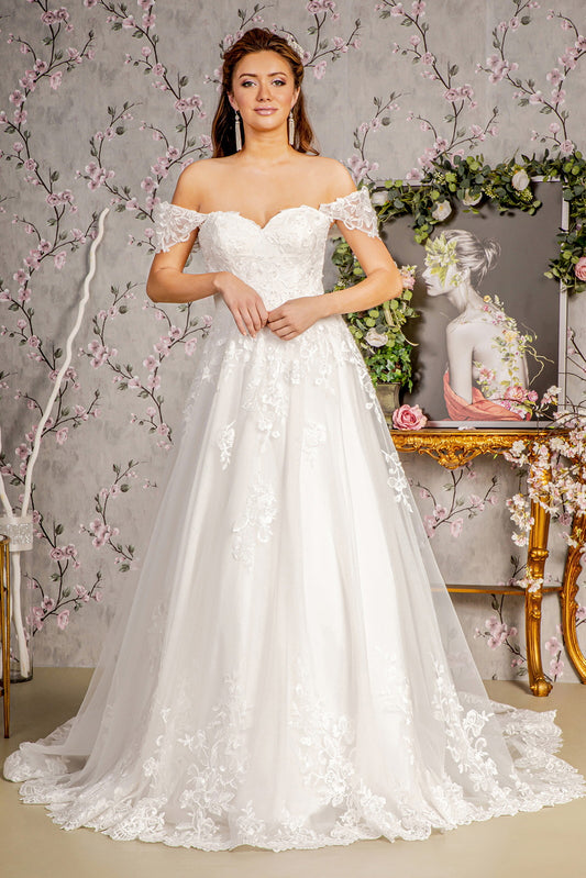 Jewel Embroidery Off Shoulder Mesh A-line Wedding Gown
