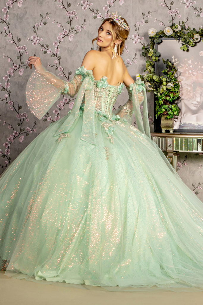 3-D Flower Jewel Sheer Bodice Mesh Ball Gown w/ Long Sleeves