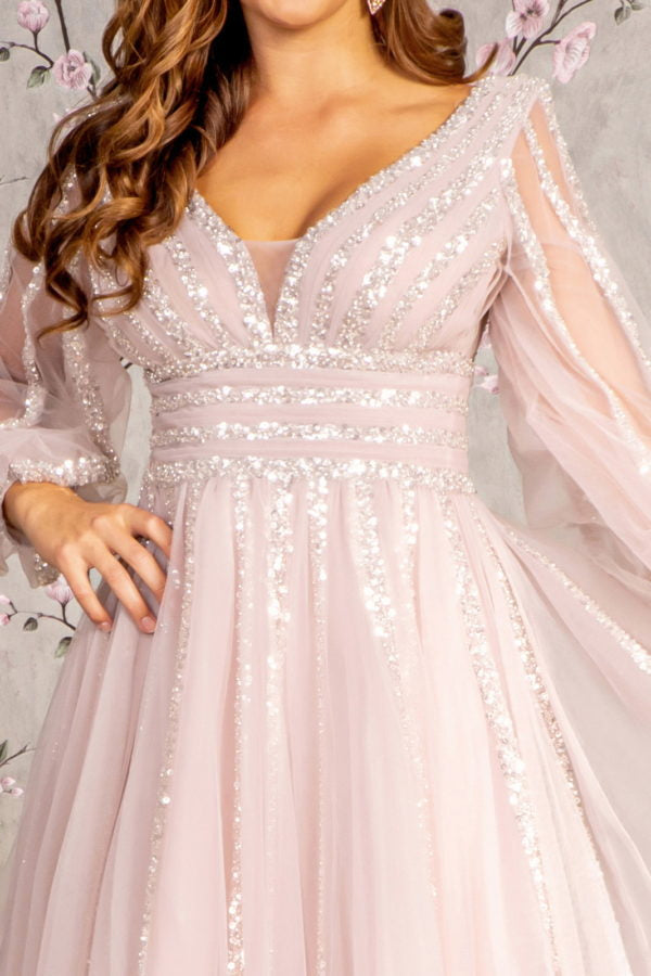 Bead Sequin Mesh A-line Long Dress w/ Sheer Puff Sleeves