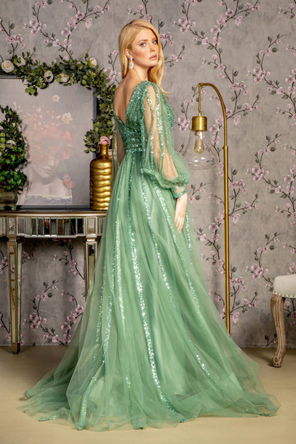 Bead Sequin Mesh A-line Long Dress w/ Sheer Puff Sleeves