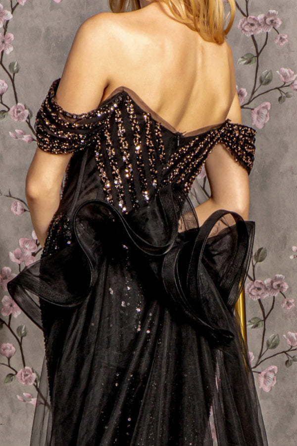 Metallic Sequin Mesh Mermaid Long Dress w/ Detachable Waist Drape