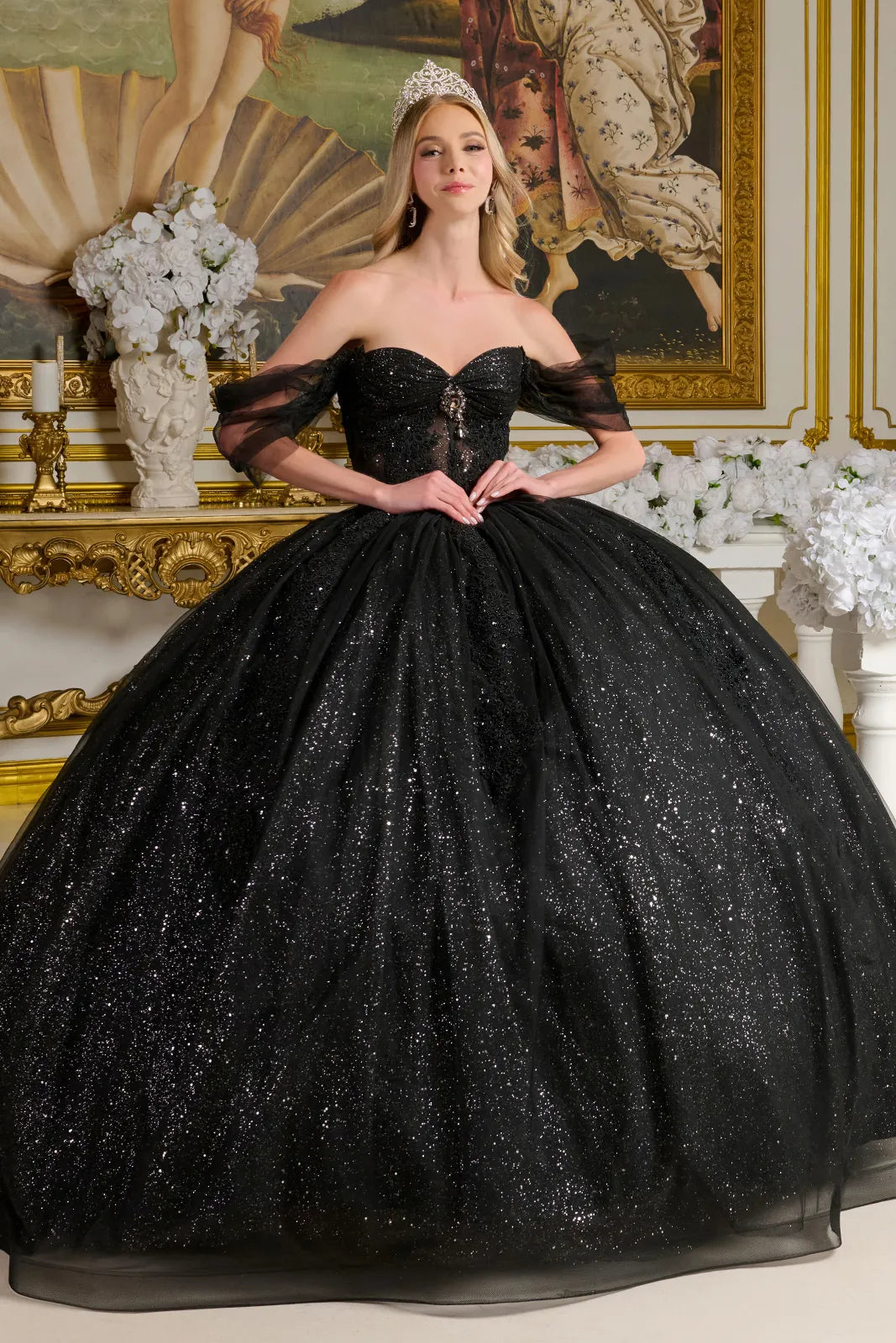 Sheer Bodice Lace Embellished Glittet Mesh Sweetheart Quinceanera Dress