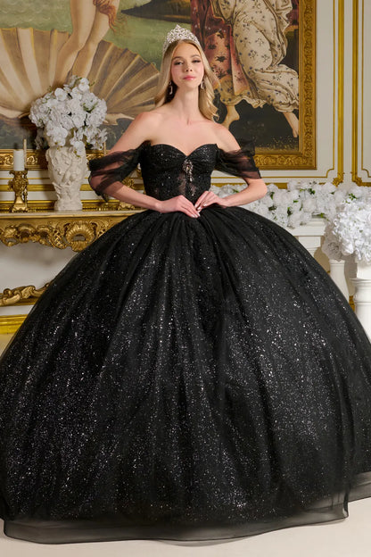 Sheer Bodice Lace Embellished Glittet Mesh Sweetheart Quinceanera Dress