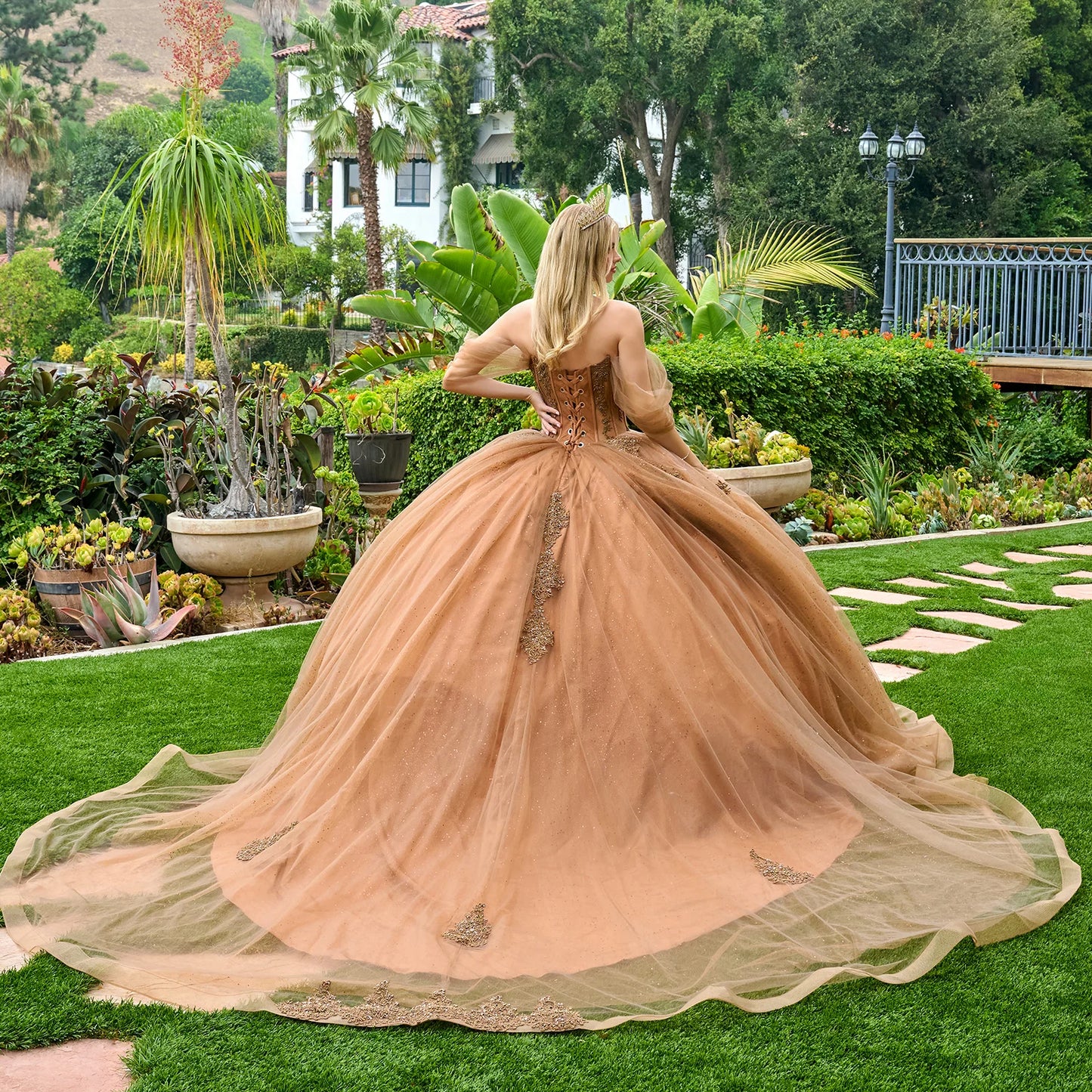 جوهرة 3-D فراشة زين قبالة الكتف شبكة ثوب Quinceanera 