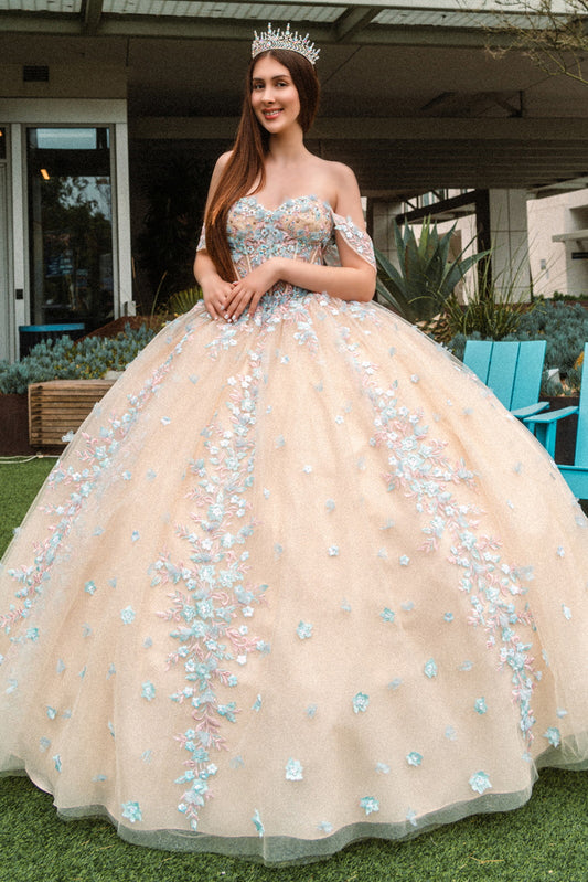 Beads Embellished Glitter Print Sweetheart Quinceanera Dress w/ detachable puff sleeve