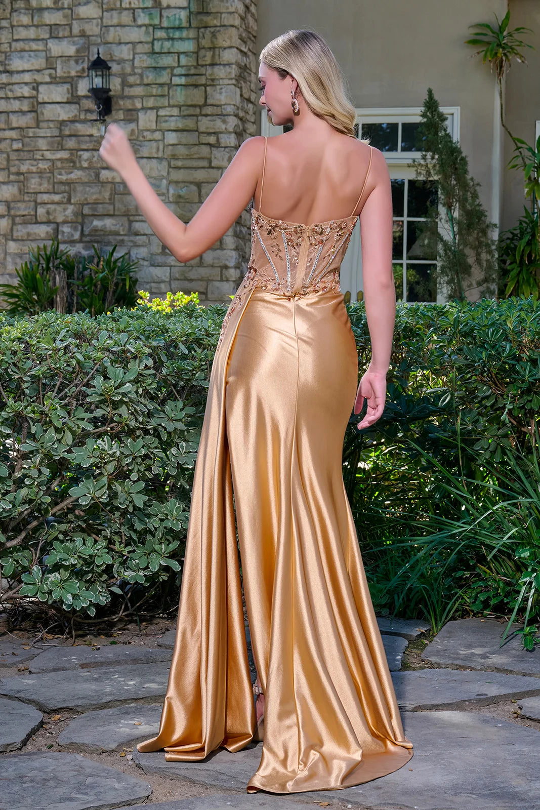 Spaghetti Strap Embellished Bejeweled Mesh Corset Ruched Satin Slit Skirt With Trailing Fabric