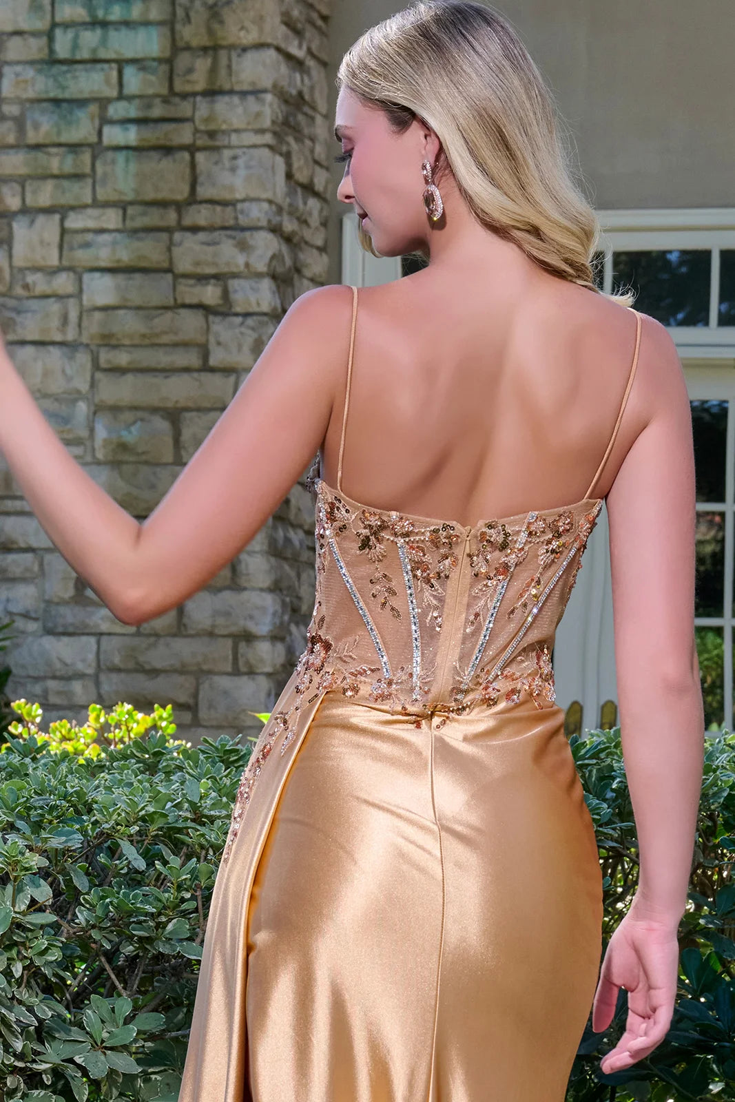 Spaghetti Strap Embellished Bejeweled Mesh Corset Ruched Satin Slit Skirt With Trailing Fabric
