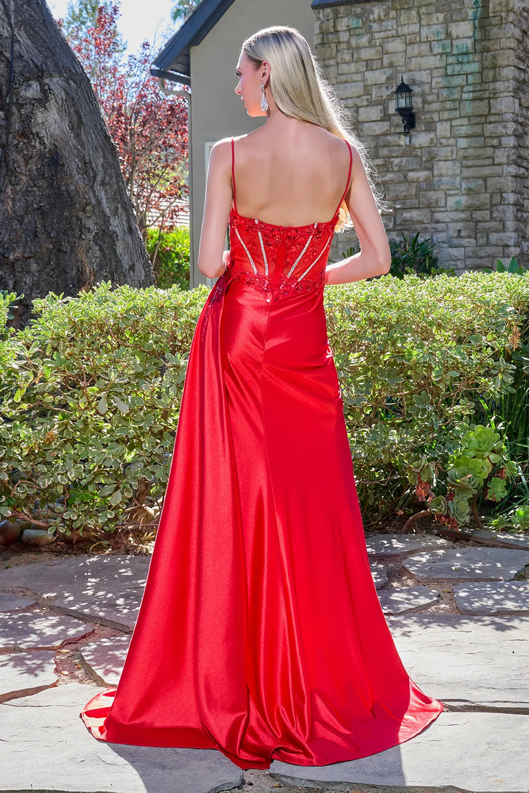 Spaghetti Strap Embellished Bejeweled Mesh Corset Ruched Satin Slit Skirt With Trailing Fabric