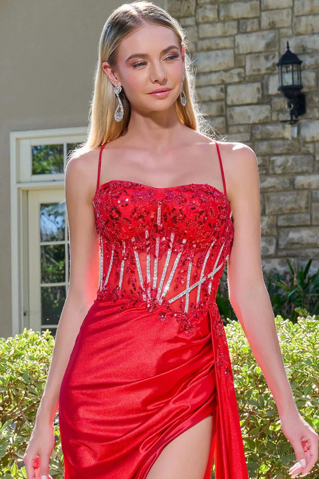 Spaghetti Strap Embellished Bejeweled Mesh Corset Ruched Satin Slit Skirt With Trailing Fabric