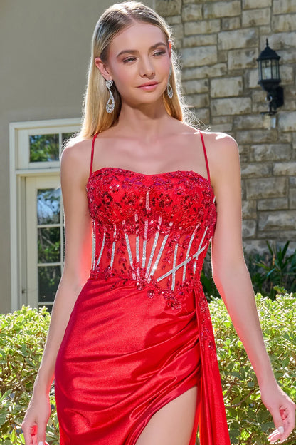Spaghetti Strap Embellished Bejeweled Mesh Corset Ruched Satin Slit Skirt With Trailing Fabric