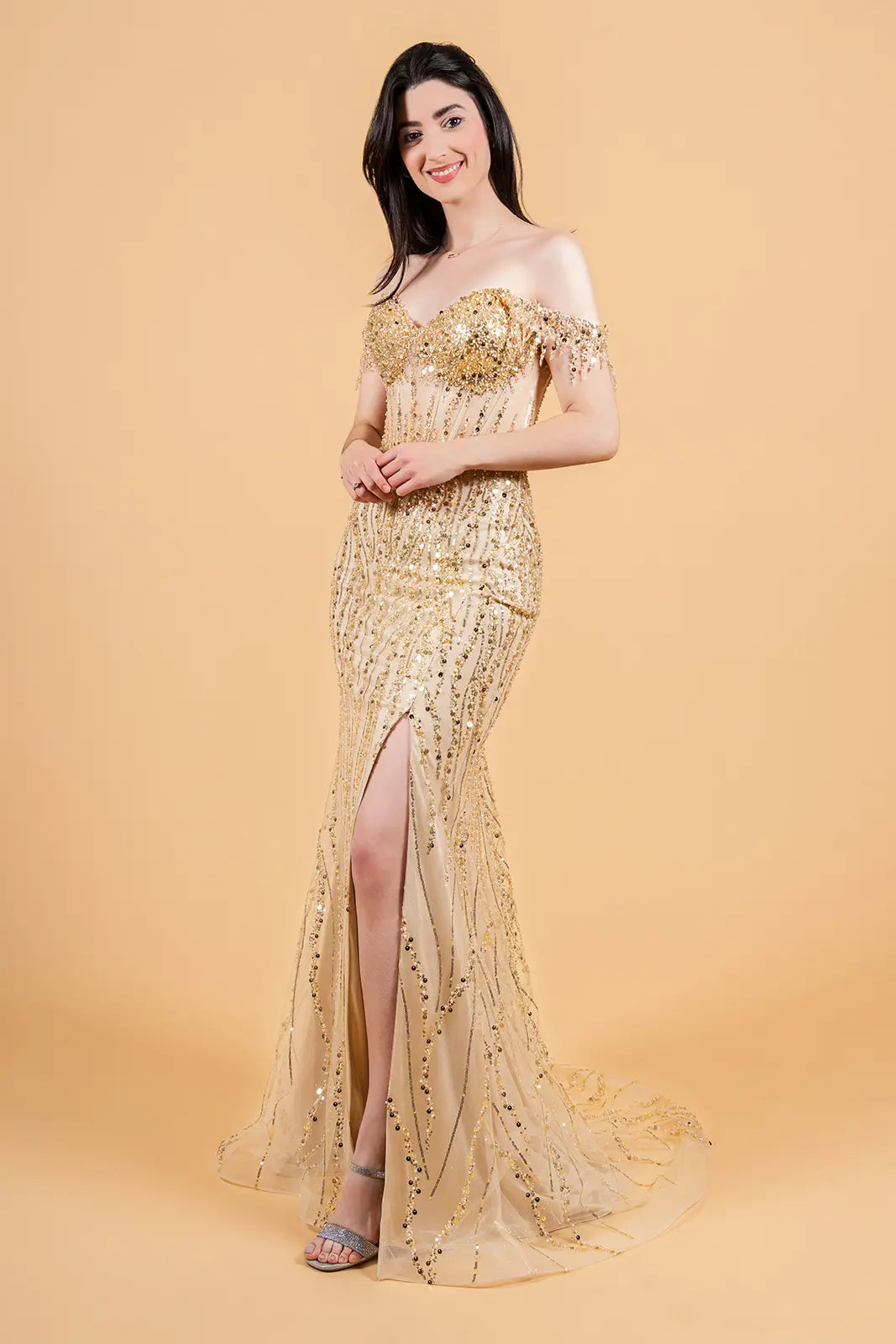 Embellished Fringe Shoulder Strap Corset Stiff Hem Dress With Slit