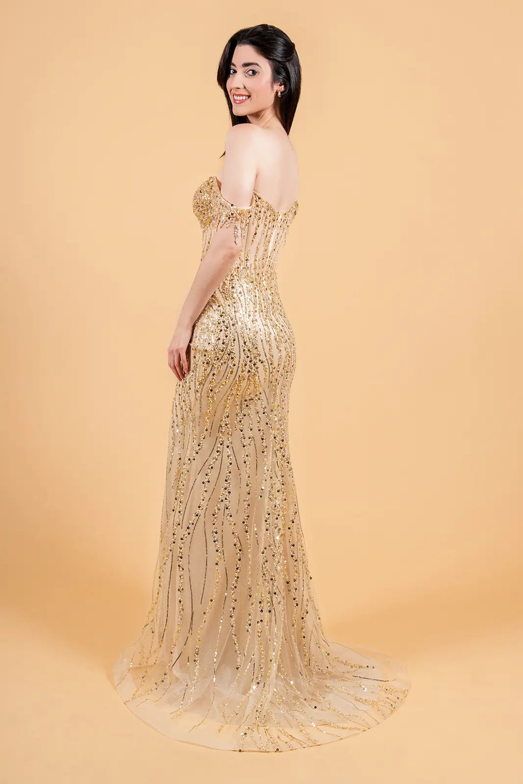 Embellished Fringe Shoulder Strap Corset Stiff Hem Dress With Slit