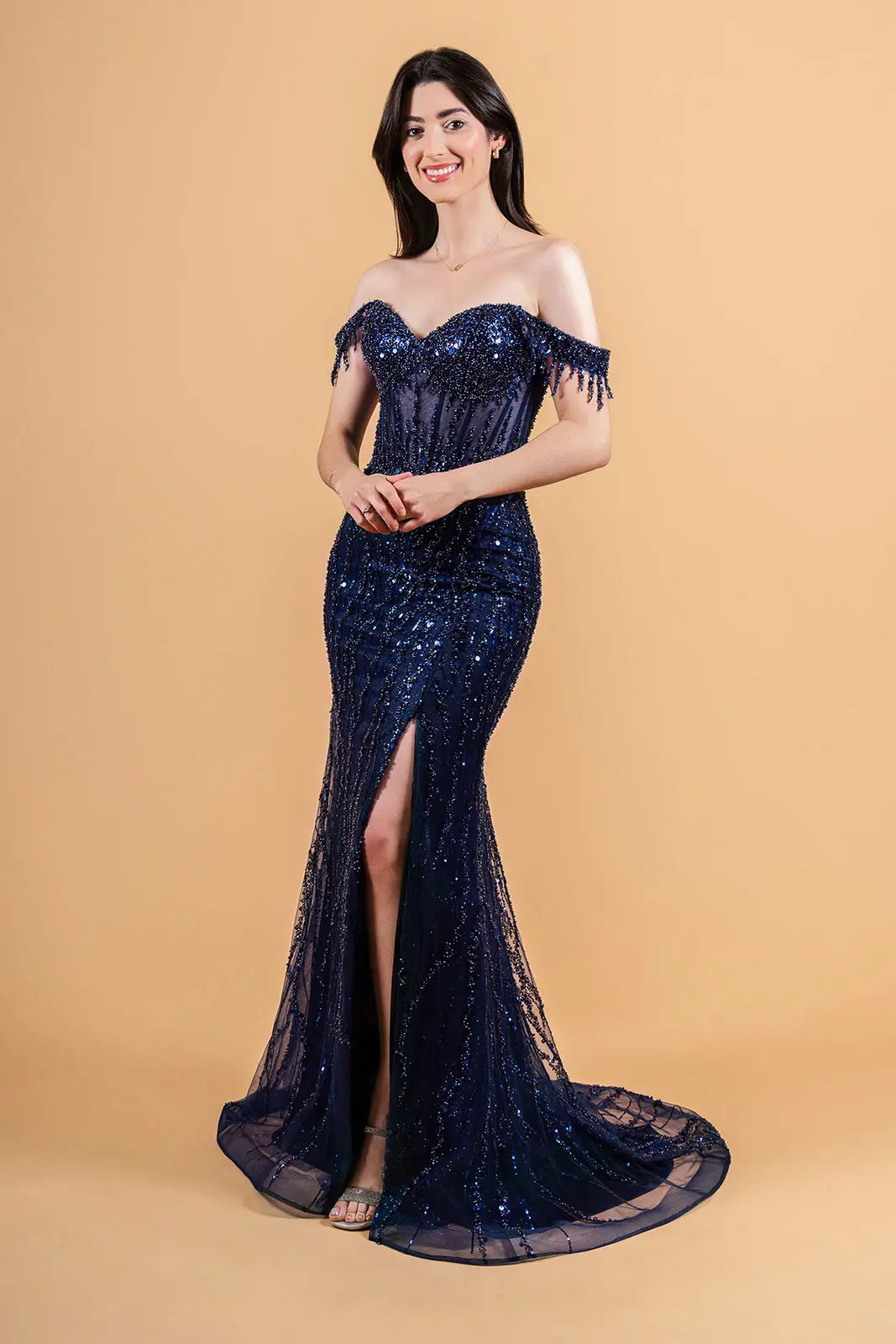 Embellished Fringe Shoulder Strap Corset Stiff Hem Dress With Slit