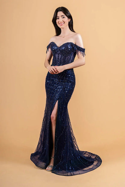 Embellished Fringe Shoulder Strap Corset Stiff Hem Dress With Slit