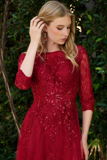 Boat Neckline 3 4 Sleeve Embroidery Sequin Embellishments Lace Underlayer Dress