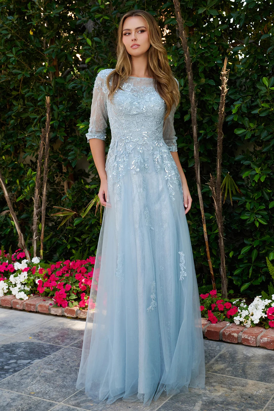 Boat Neckline 3 4 Sleeve Embroidery Sequin Embellishments Lace Underlayer Dress