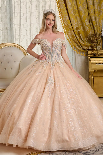 Embellished V Neck Off Shoulder Strap Bejeweled Bodice Ball Gown With 3d Flower Appliques