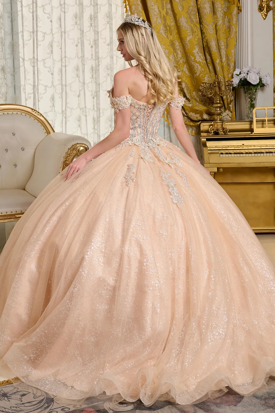 Embellished V Neck Off Shoulder Strap Bejeweled Bodice Ball Gown With 3d Flower Appliques