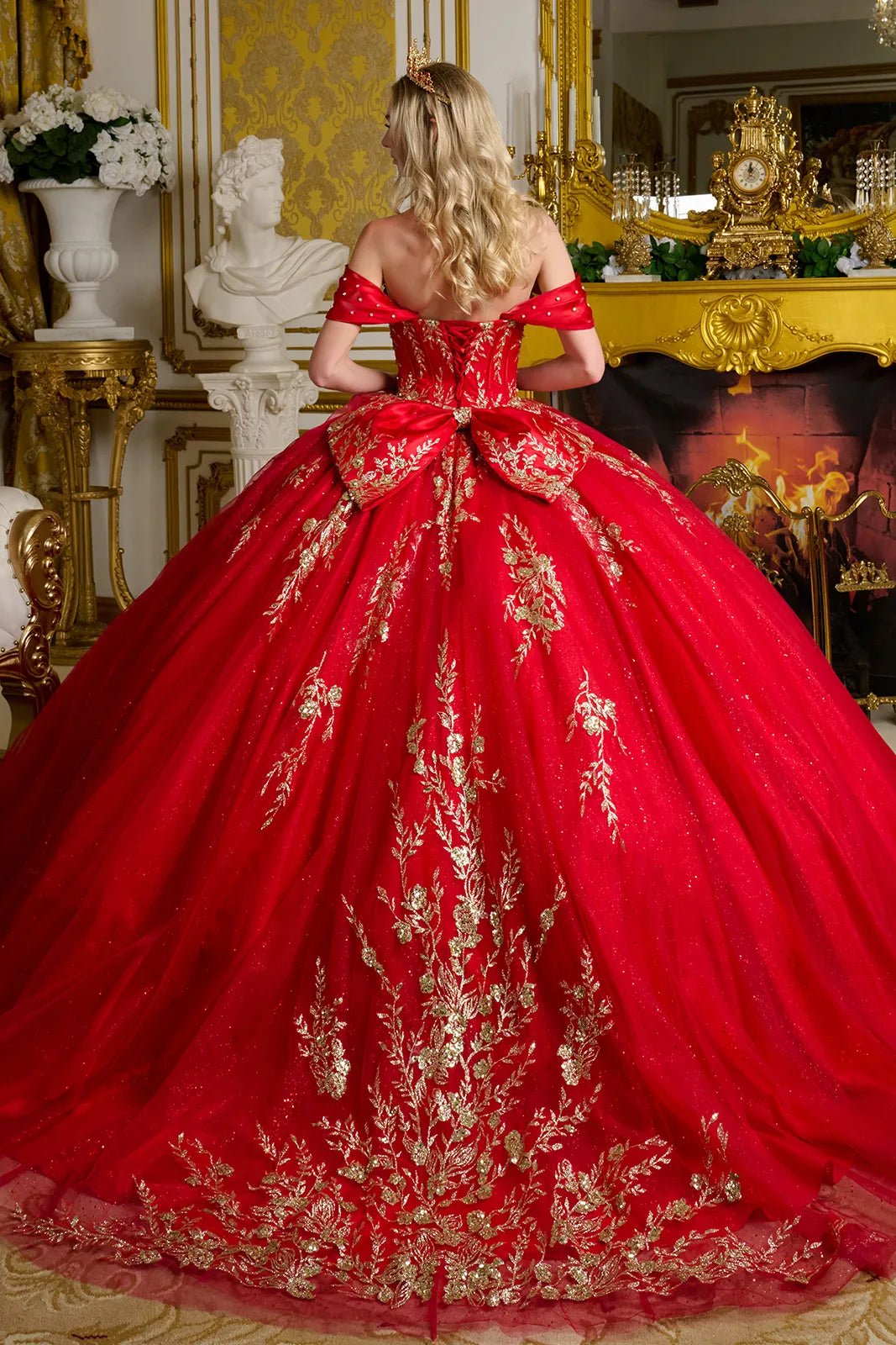 Detachable Off Shoulder Straps Glitter Sequin Underlayer Train Ball Gown With Detachable Back Bow