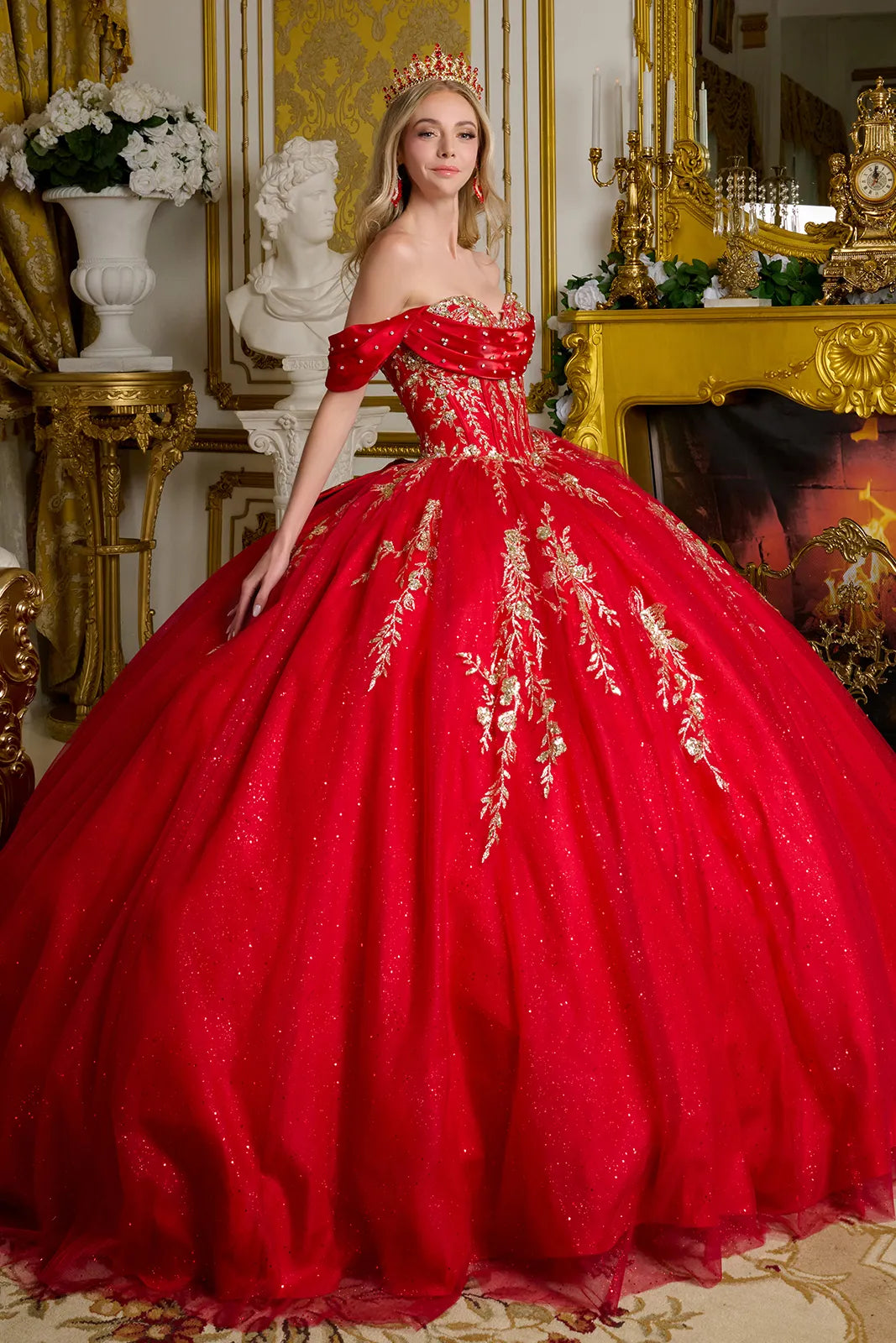 Detachable Off Shoulder Straps Glitter Sequin Underlayer Train Ball Gown With Detachable Back Bow