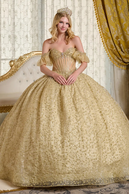 Embellished Off Shoulder Puff Sleeves V Neck Bejeweled Corset Train Ball Gown With Puff Ink Patterns
