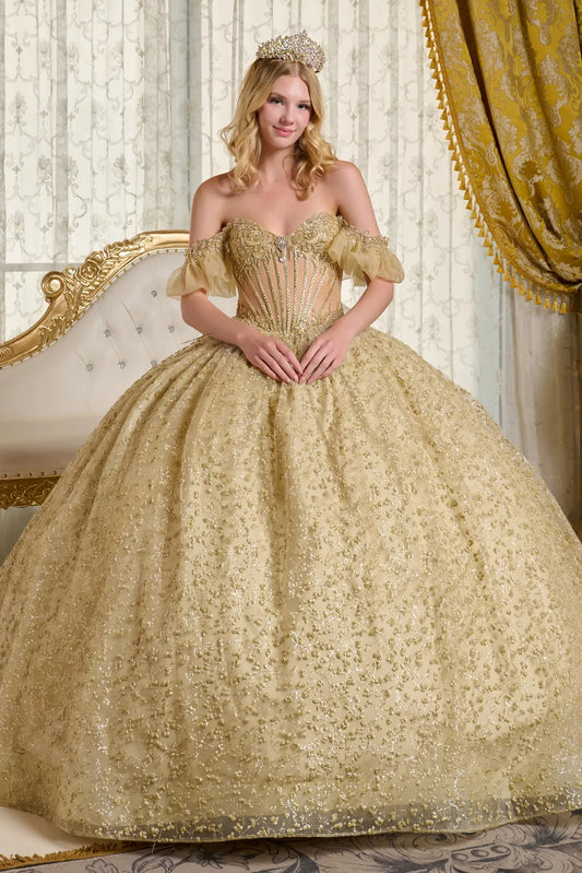 Embellished Off Shoulder Puff Sleeves V Neck Bejeweled Corset Train Ball Gown With Puff Ink Patterns