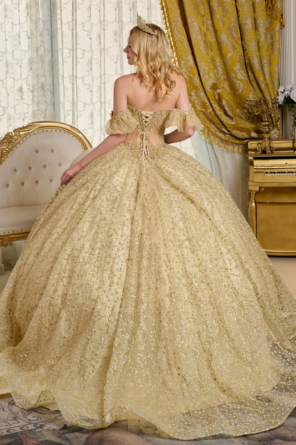 Embellished Off Shoulder Puff Sleeves V Neck Bejeweled Corset Train Ball Gown With Puff Ink Patterns