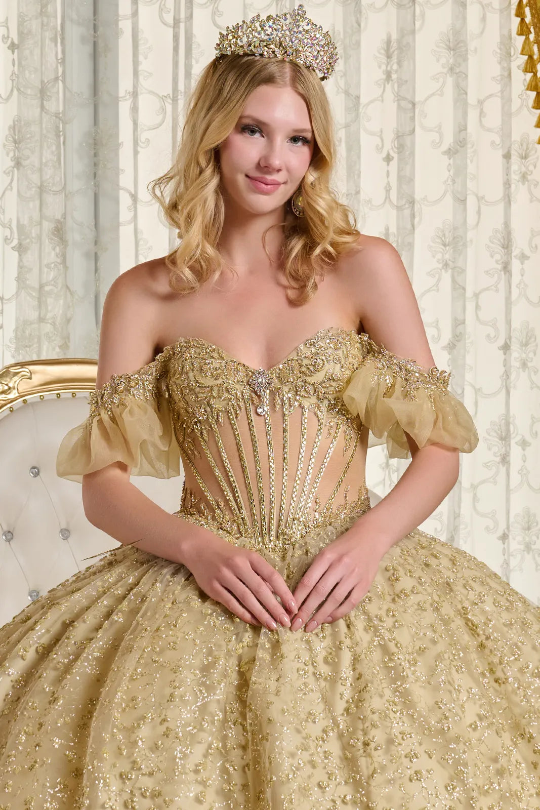 Embellished Off Shoulder Puff Sleeves V Neck Bejeweled Corset Train Ball Gown With Puff Ink Patterns