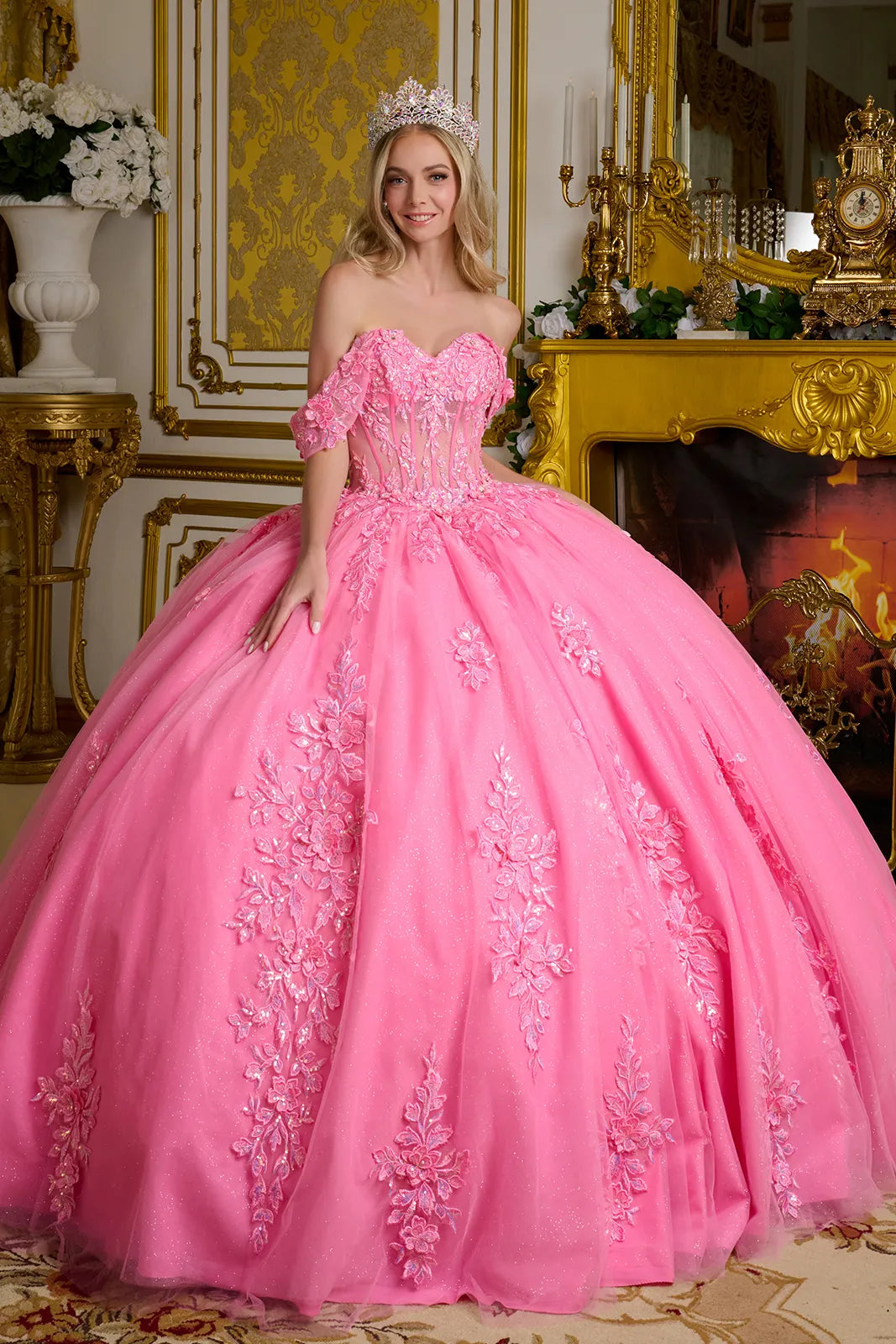 3d Flower Applique Embellished Off Shoulder Straps Glitter Underlayer Ball Gown