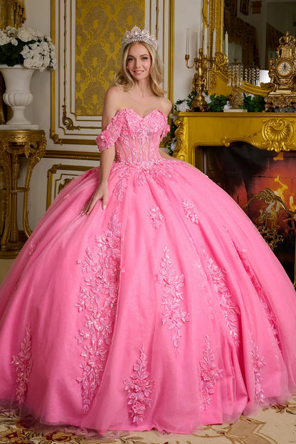 3d Flower Applique Embellished Off Shoulder Straps Glitter Underlayer Ball Gown