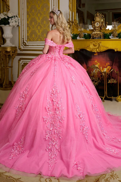 3d Flower Applique Embellished Off Shoulder Straps Glitter Underlayer Ball Gown