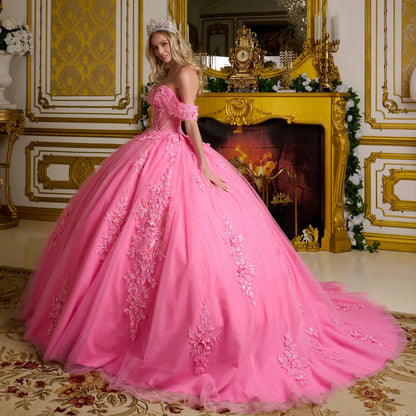 3d Flower Applique Embellished Off Shoulder Straps Glitter Underlayer Ball Gown