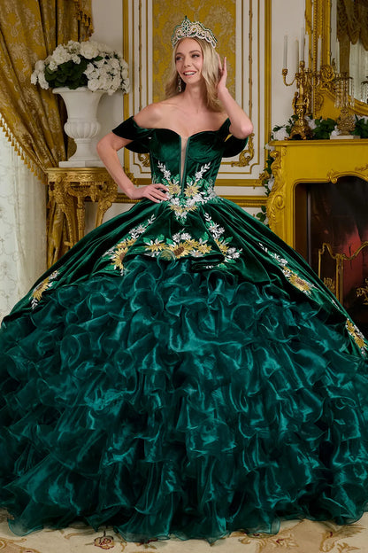 Velvet Train Overlayer Organza Ruffle Layers Detachable Off Shoulder Straps Ball Gown