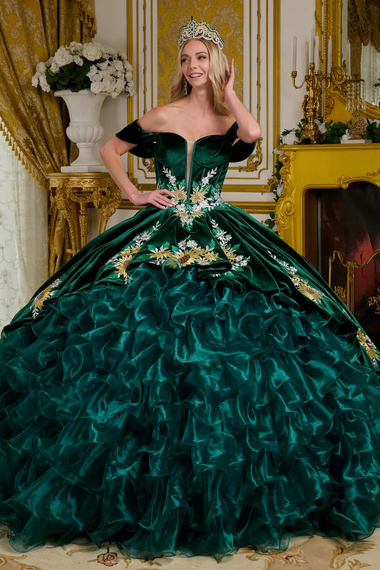 Velvet Train Overlayer Organza Ruffle Layers Detachable Off Shoulder Straps Ball Gown