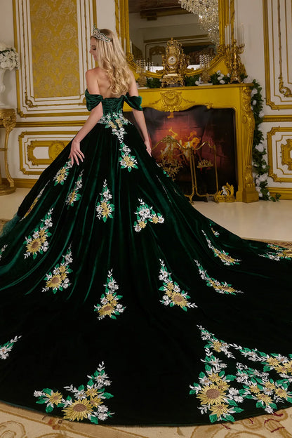Velvet Train Overlayer Organza Ruffle Layers Detachable Off Shoulder Straps Ball Gown