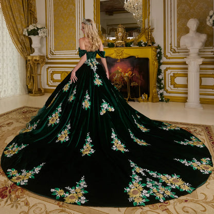 Velvet Train Overlayer Organza Ruffle Layers Detachable Off Shoulder Straps Ball Gown