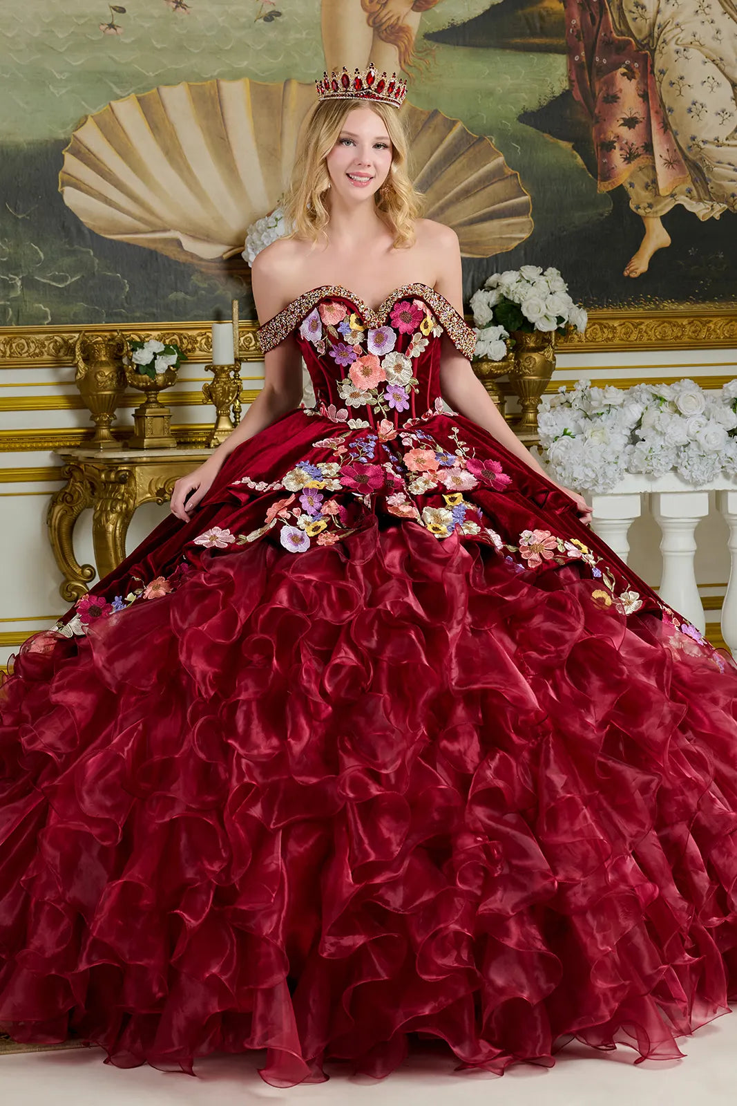 V Neck Off Shoulder Straps Tiered Velvet Layer Organza Ruffle Train Ball Gown