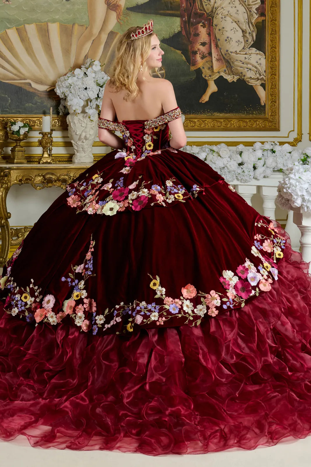 V Neck Off Shoulder Straps Tiered Velvet Layer Organza Ruffle Train Ball Gown