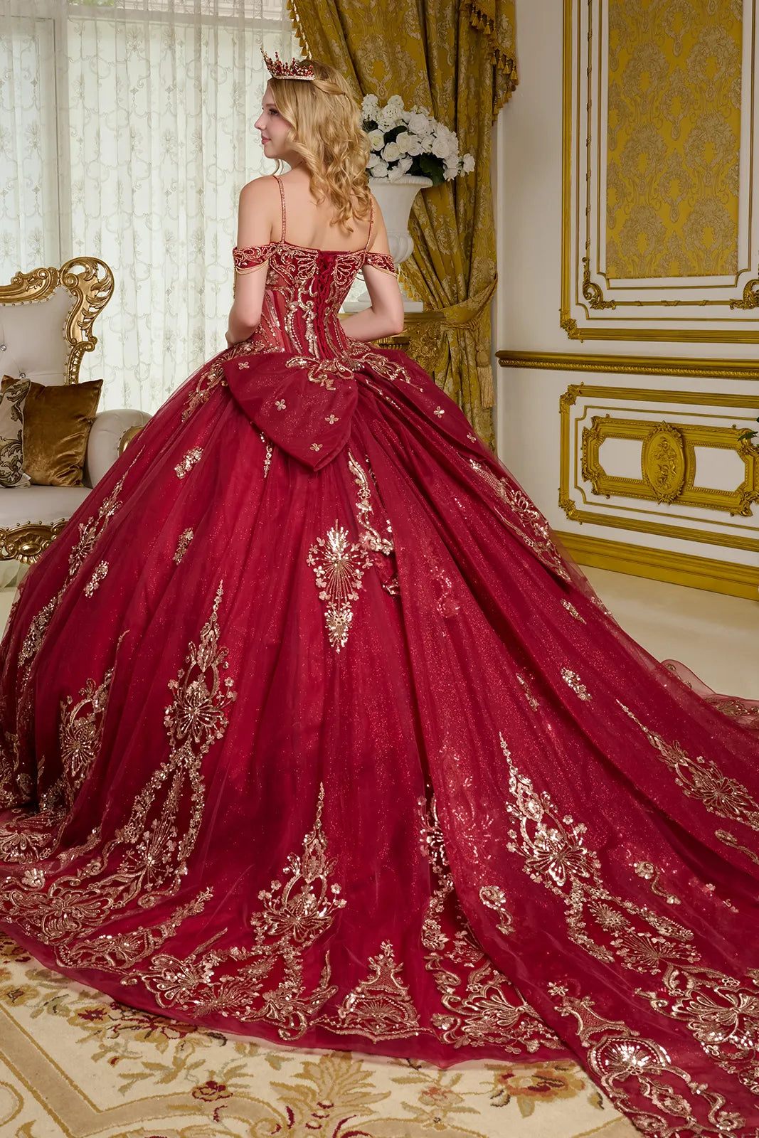 Embellished Cold Shoulder Sleeves W Dangling Beads Train Like Detachable Back Bow Ball Gown