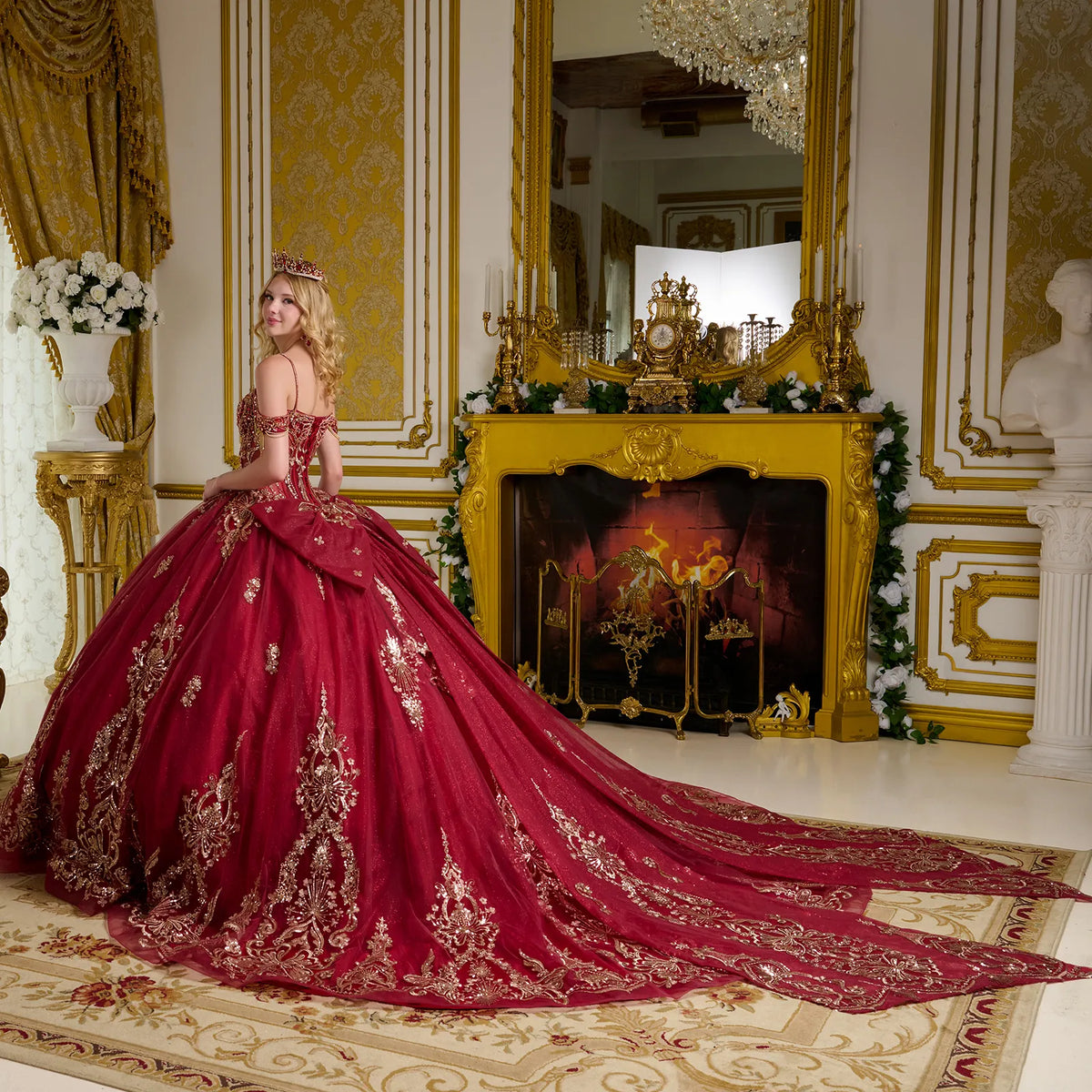 Embellished Cold Shoulder Sleeves W Dangling Beads Train Like Detachable Back Bow Ball Gown