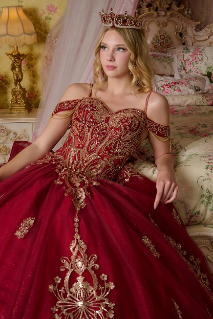 Embellished Cold Shoulder Sleeves W Dangling Beads Train Like Detachable Back Bow Ball Gown