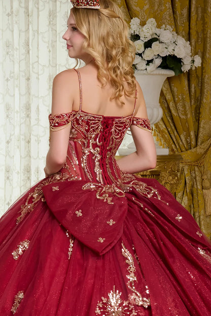 Embellished Cold Shoulder Sleeves W Dangling Beads Train Like Detachable Back Bow Ball Gown